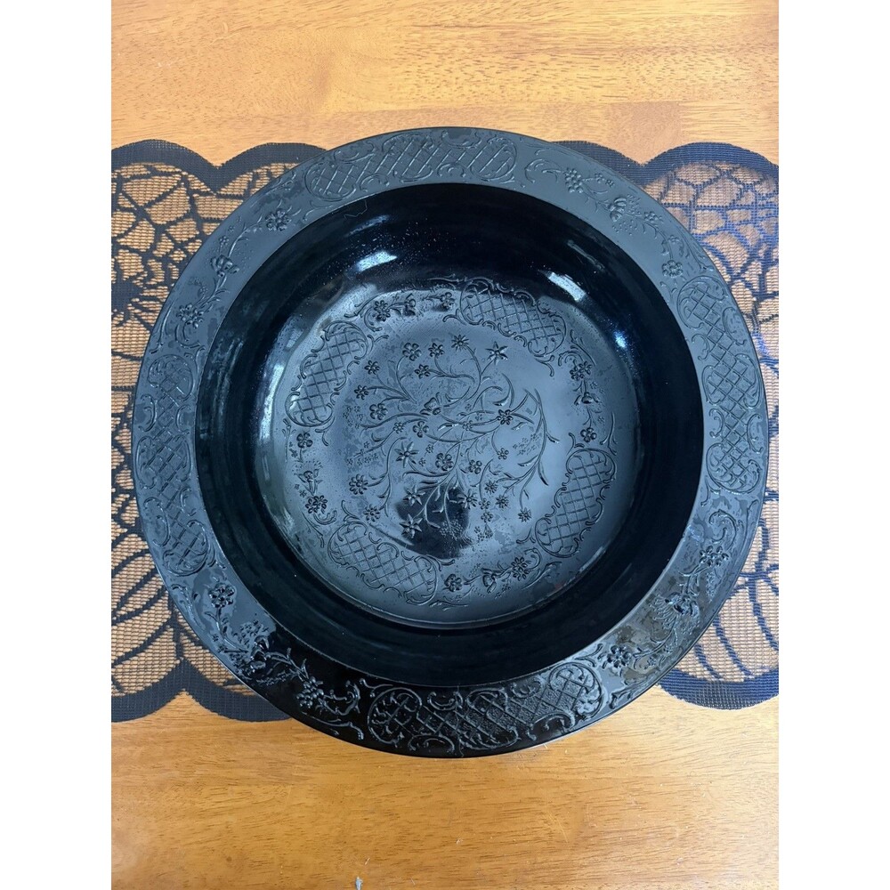 L.E. Smith Black Amethyst Glass Footed Centerpiece Bowl Floral & Lattice Design